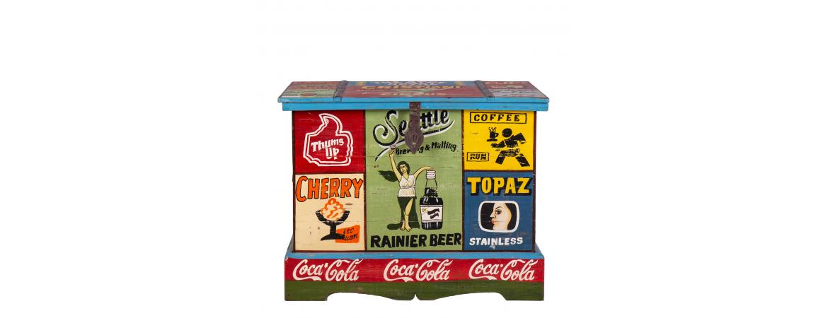 Hand Painted Vintage Ad Storage Chest-Cheshire Furniture Outlet