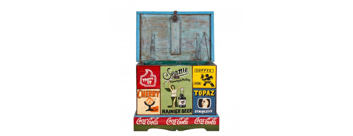 Hand Painted Vintage Ad Storage Chest-Cheshire Furniture Outlet