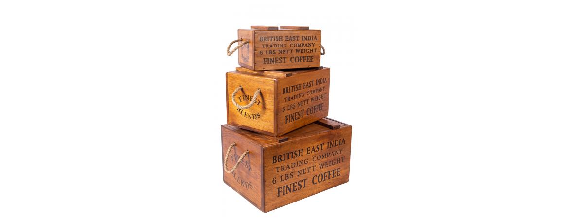 Set of 3 Rustic Vintage Wooden Lidded Chest Boxes - India Coffee-Cheshire Furniture Outlet