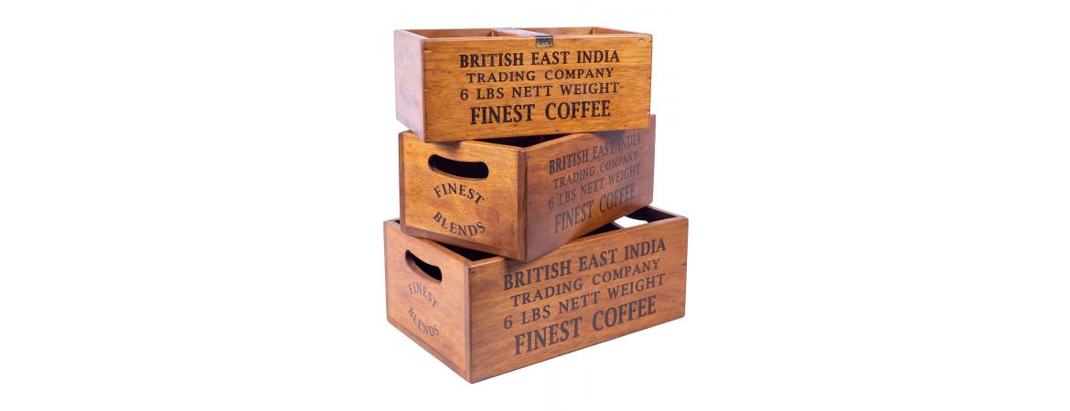Set of 3 Large Vintage Boxes - British East India Finest Coffee-Cheshire Furniture Outlet