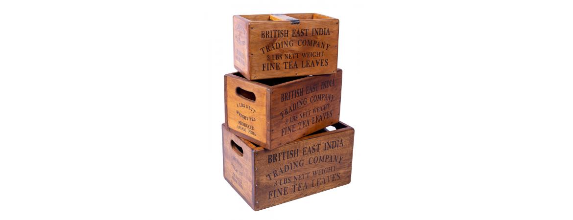Set of 3 Medium Vintage Boxes - British East India Fine Tea Leaves-Cheshire Furniture Outlet