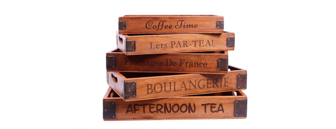 Set of 5 Vintage Wooden Serving Trays - Delicious-Cheshire Furniture Outlet