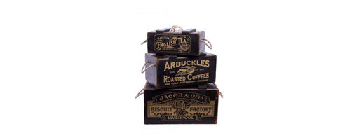 Set of 3 Vintage Black Boxes - Tea, Coffee, Biscuit-Cheshire Furniture Outlet