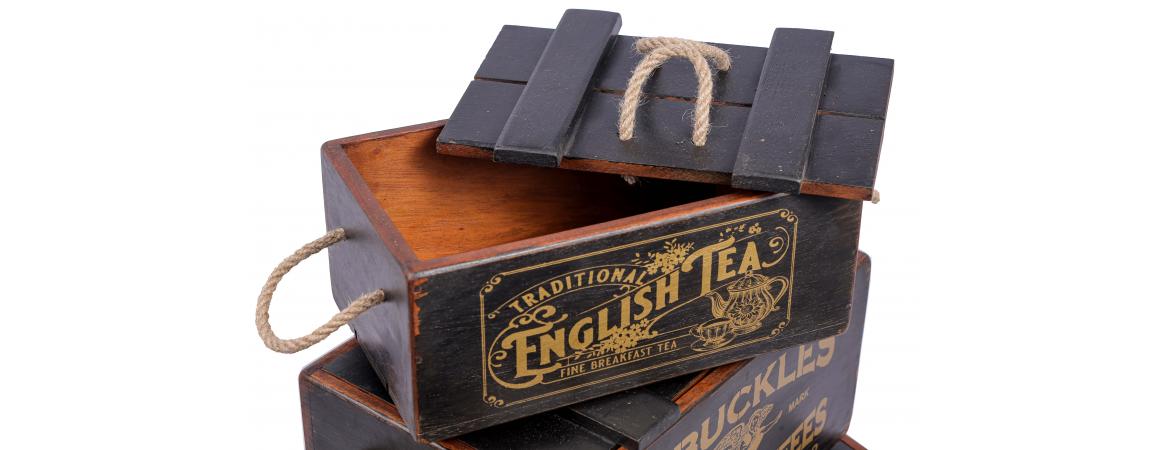 Set of 3 Vintage Black Boxes - Tea, Coffee, Biscuit-Cheshire Furniture Outlet