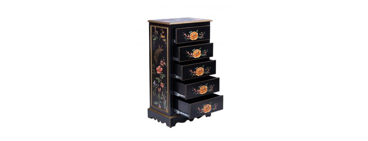 Black Lyre Bird Design 5 Drawer Cabinet-Cheshire Furniture Outlet