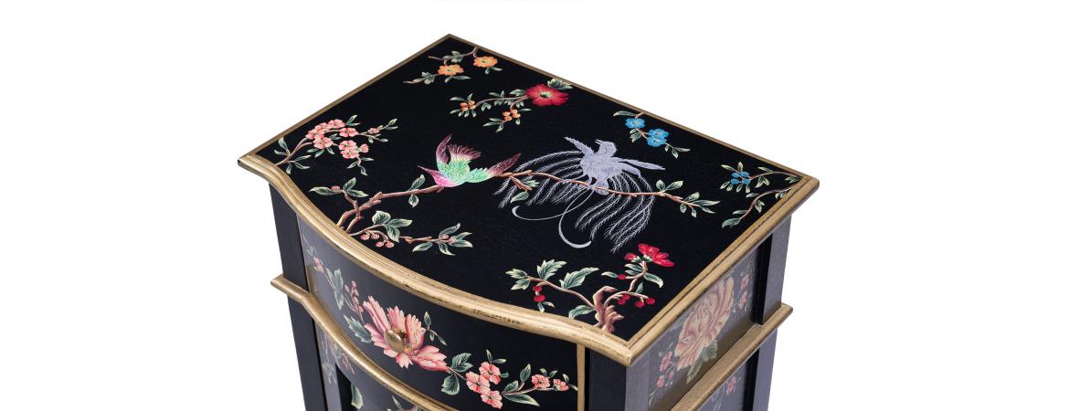 Black Lyre Bird Design Curved Bedside-Cheshire Furniture Outlet