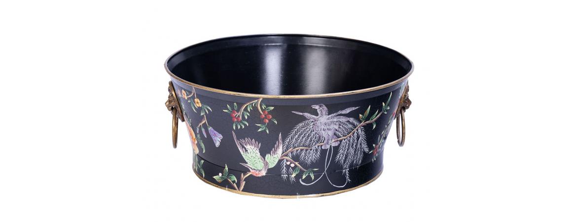 Black Lyre Bird Design Round Bowl with Handles-Cheshire Furniture Outlet