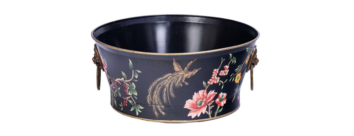 Black Lyre Bird Design Round Bowl with Handles-Cheshire Furniture Outlet