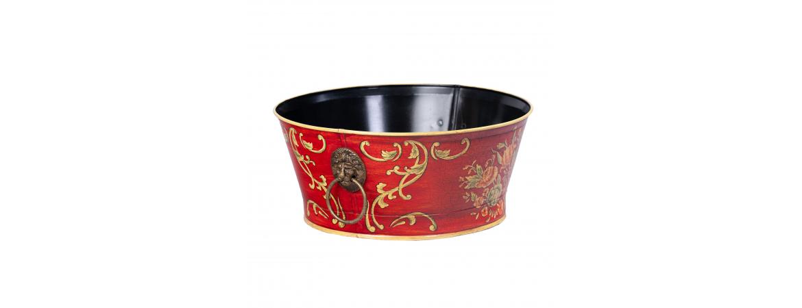 Red Floral Design Round Bowl with Handles-Cheshire Furniture Outlet