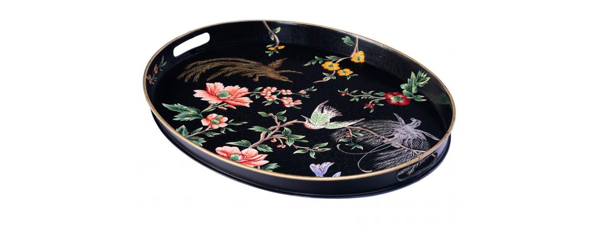 Black Lyre Bird Design Oval Tray with Handles-Cheshire Furniture Outlet