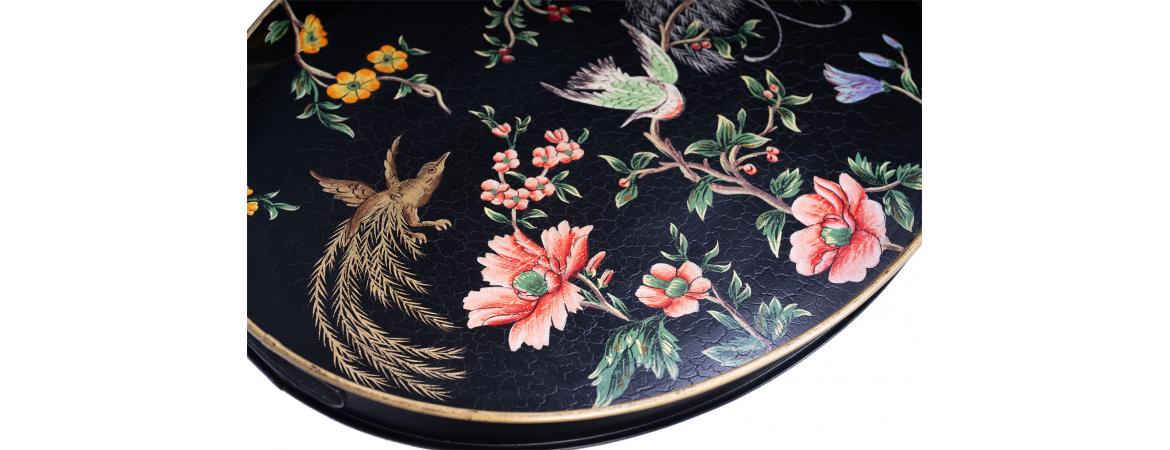 Black Lyre Bird Design Oval Tray with Handles-Cheshire Furniture Outlet