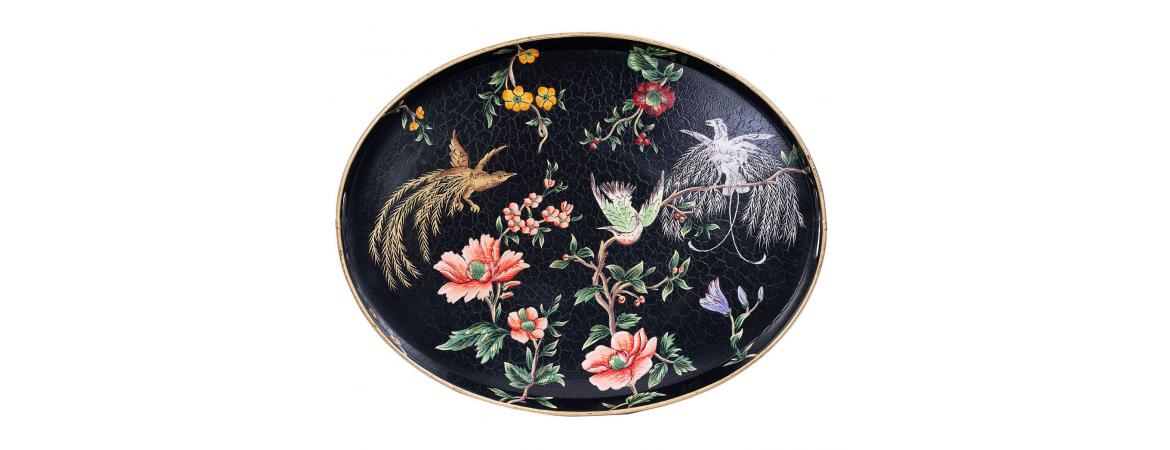 Black Lyre Bird Design Oval Tray with Handles-Cheshire Furniture Outlet