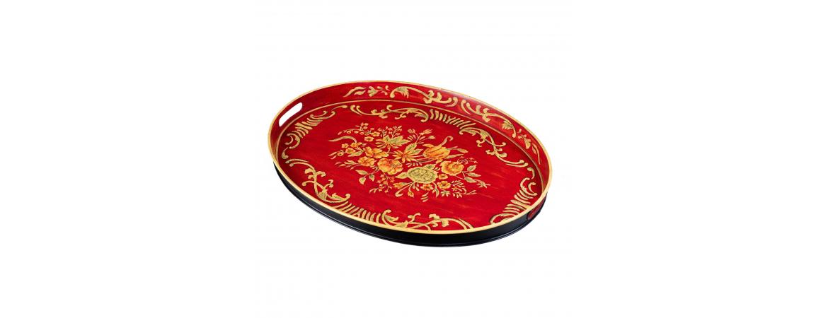 Red Floral Design Oval Tray with Handles-Cheshire Furniture Outlet
