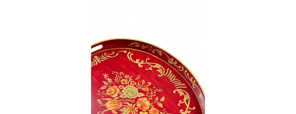Red Floral Design Oval Tray with Handles-Cheshire Furniture Outlet