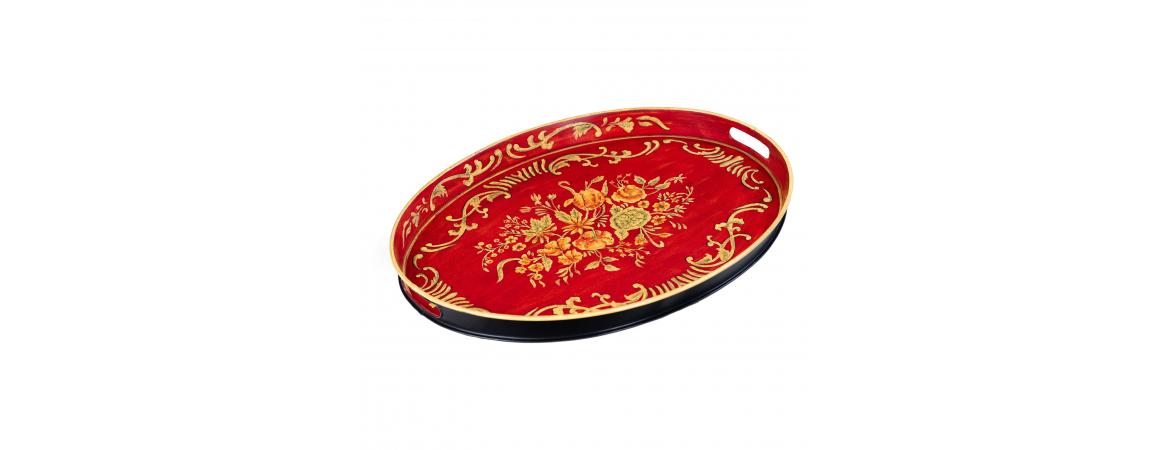 Red Floral Design Oval Tray with Handles-Cheshire Furniture Outlet