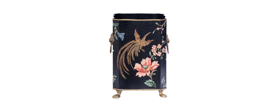 Black Lyre Bird Design Bin with Handles and Feet-Cheshire Furniture Outlet