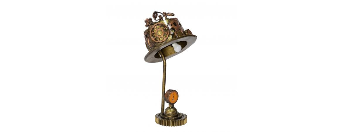 Reclaimed Iron Steampunk Theme Cogs Top Hat Table Lamp-Cheshire Furniture Outlet