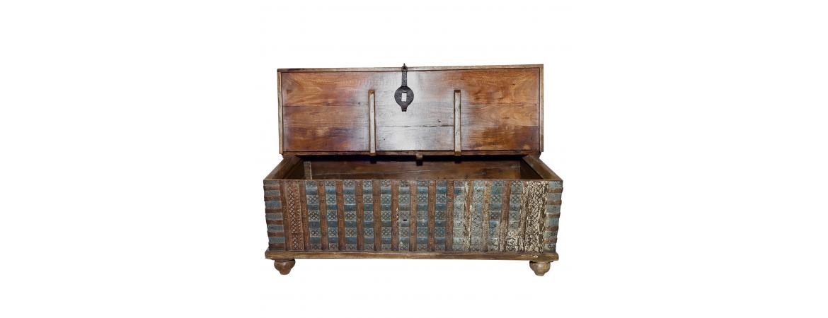 Antique 1.2m Chest with Carvings & Vintage Iron Clasps-Cheshire Furniture Outlet