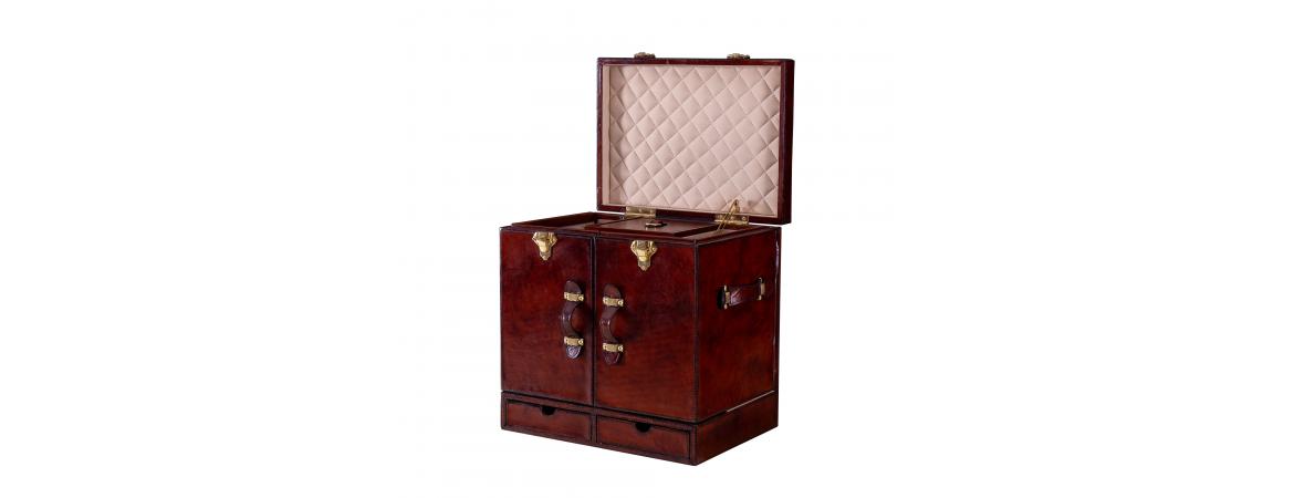 Handcrafted Leather Mini Bar Cabinet - Cognac-Cheshire Furniture Outlet