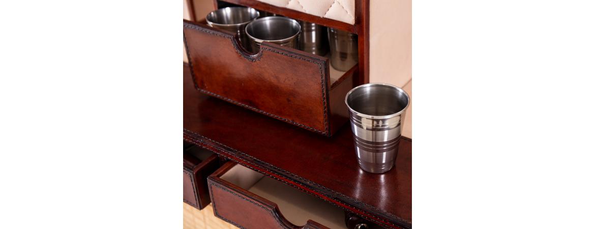 Handcrafted Leather Mini Bar Cabinet - Cognac-Cheshire Furniture Outlet