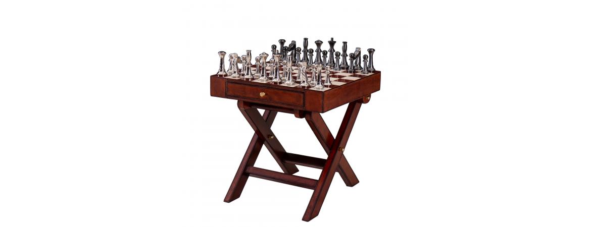 Handcrafted Leather Chess Set With Table - Cognac-Cheshire Furniture Outlet