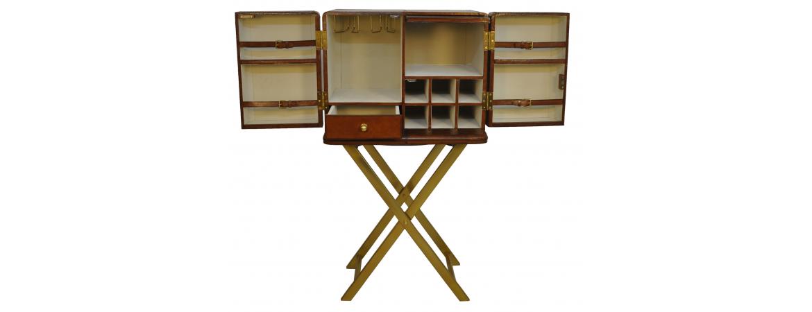 Handcrafted Leather & Brass Bar with Stand - Cognac-Cheshire Furniture Outlet