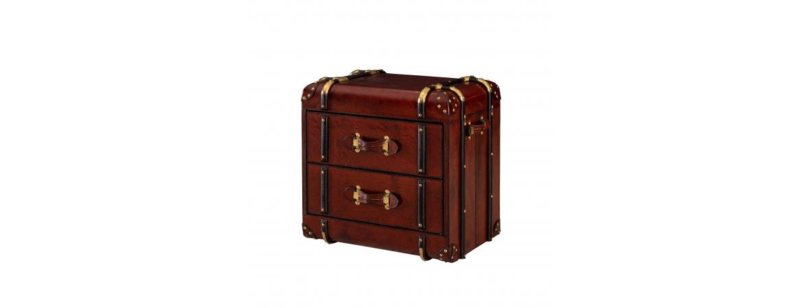 Handcrafted Leather 2 Drawer Side Table Trunk - Cognac-Cheshire Furniture Outlet