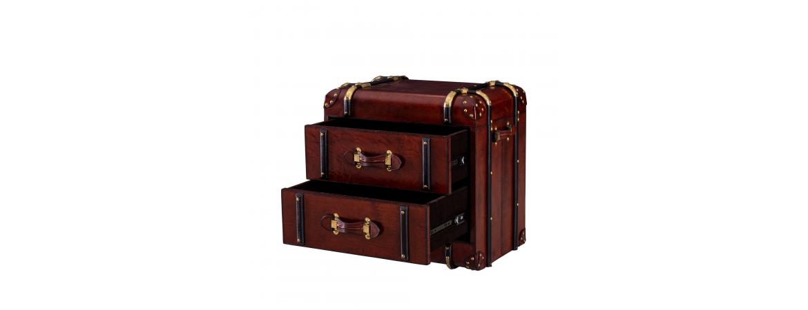 Handcrafted Leather 2 Drawer Side Table Trunk - Cognac-Cheshire Furniture Outlet