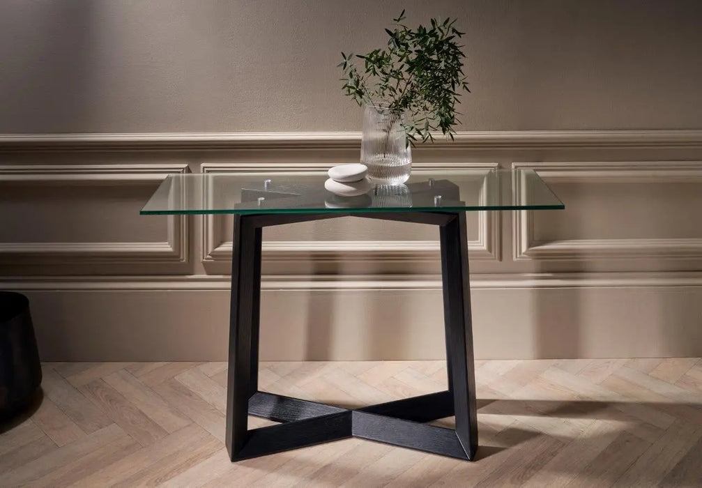 Large Console Table Clear Glass Top & Natural Black Oak Frame-Cheshire Furniture Outlet