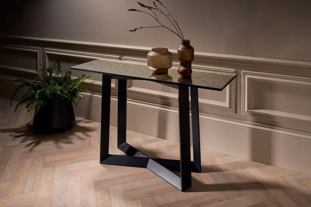 Large Console Table Clear Glass Top & Natural Black Oak Frame-Cheshire Furniture Outlet