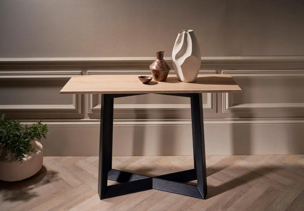 Large Console Table Clear Glass Top & Natural Black Oak Frame-Cheshire Furniture Outlet