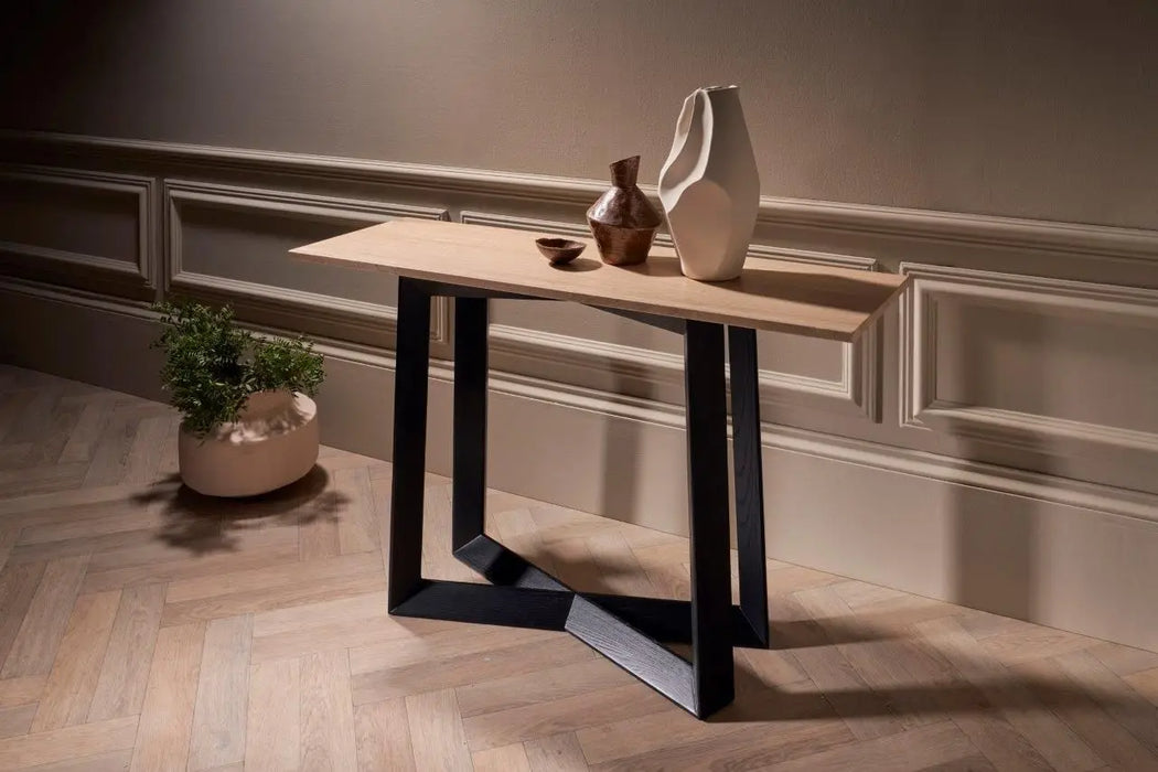 Large Console Table Clear Glass Top & Natural Black Oak Frame-Cheshire Furniture Outlet