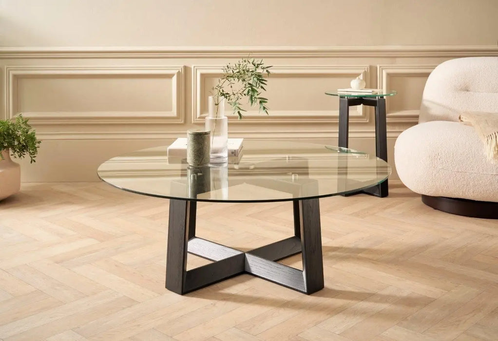 Large Round Coffee Table Glass Top & Natural Oak Frame-Cheshire Furniture Outlet