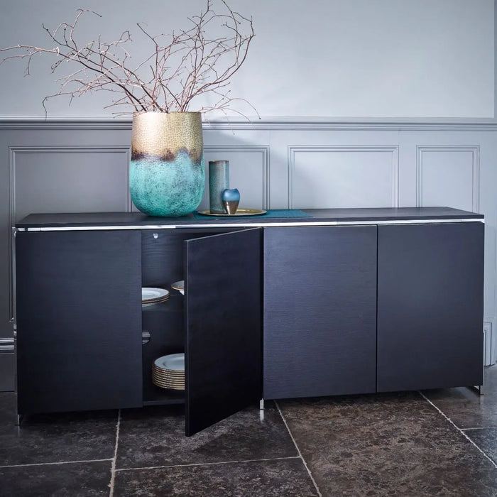 Four Door Sideboard Black Stained Oak Veneer & Polished Frame-Cheshire Furniture Outlet