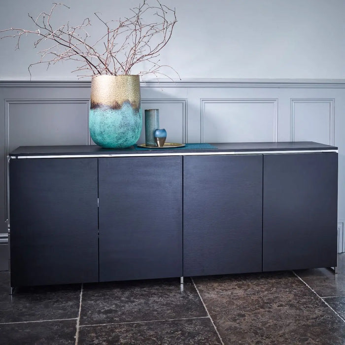 Four Door Sideboard Black Stained Oak Veneer & Polished Frame-Cheshire Furniture Outlet