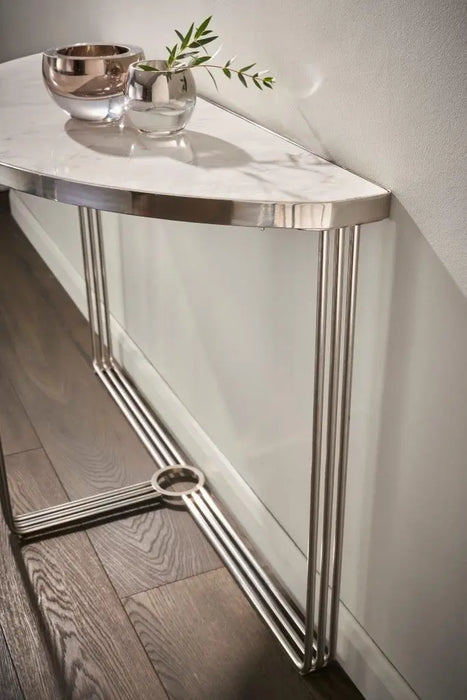 White Marble Top & Polished Chrome Frame Demi Lune Console Table-Cheshire Furniture Outlet