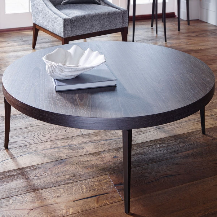 Circular Coffee Table Charcoal Stained Oak Veneer & Gun Metal Legs-Cheshire Furniture Outlet