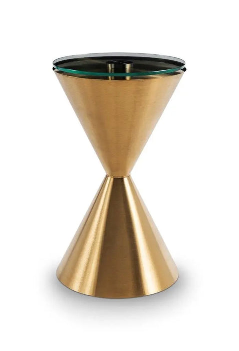 Iona Hourglass Side Table Brass Inverted Cone Base & Clear Glass Top-Cheshire Furniture Outlet