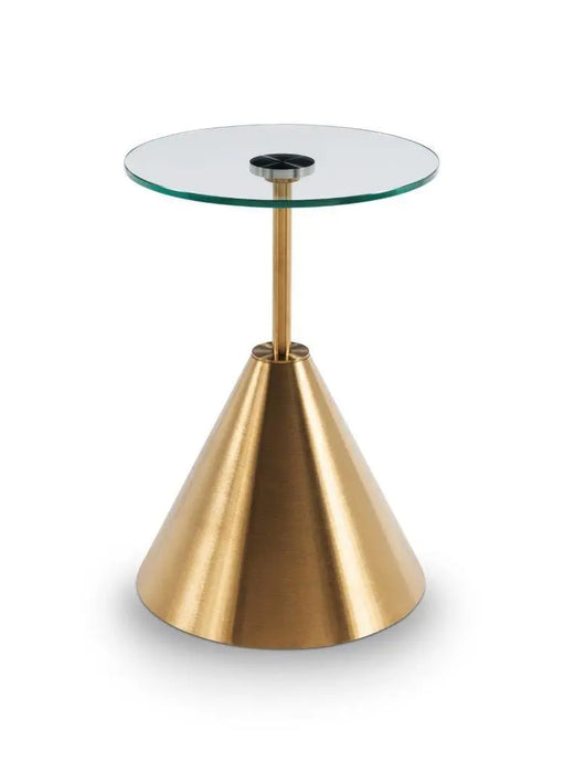 Iona Round Side Table Brass Cone Base With Pedestal & Clear Glass Top-Cheshire Furniture Outlet