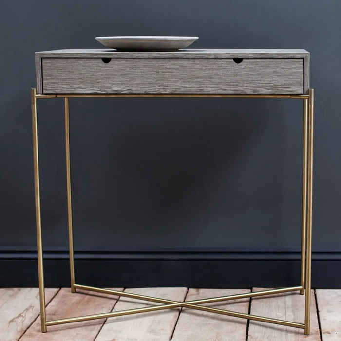 Small Console Table With Drawer Weathered Oak Top & Brass Frame-Cheshire Furniture Outlet