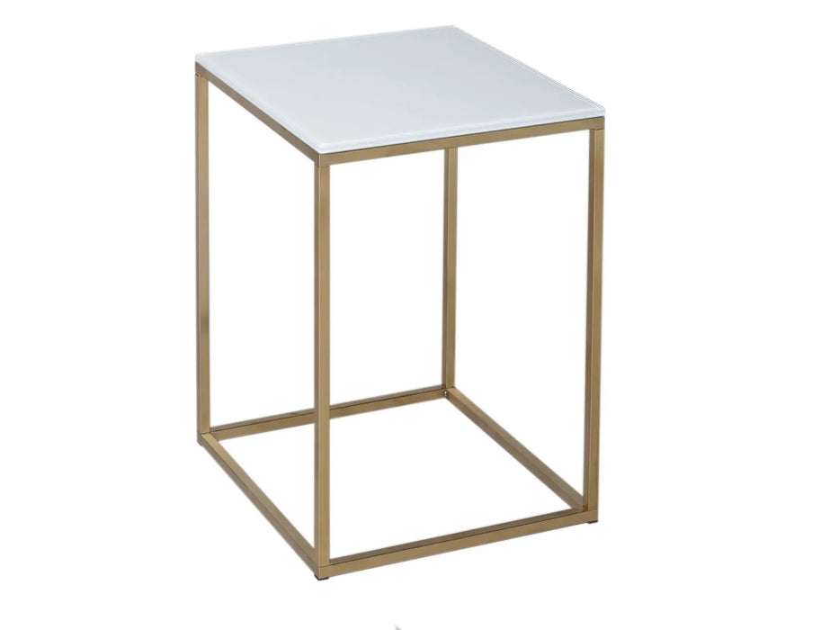 Square Side Table With White Glass Top & Brass Base-Cheshire Furniture Outlet
