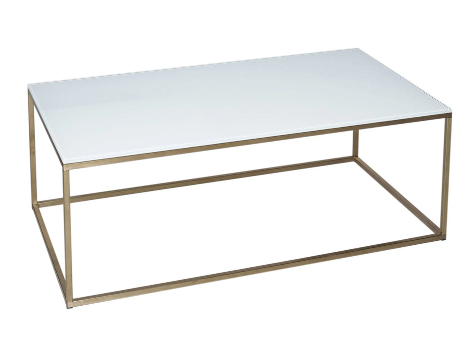 Rectangular Coffee Table White Glass Top & Brass Base-Cheshire Furniture Outlet