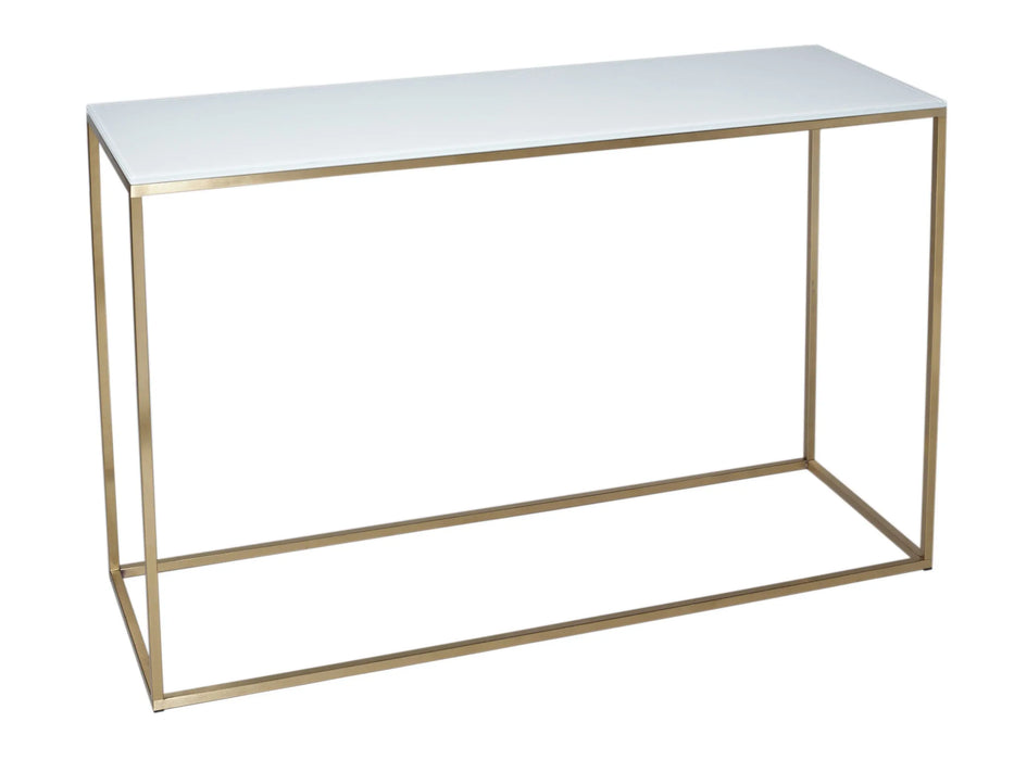 White Glass & Brass Base Console Table-Cheshire Furniture Outlet