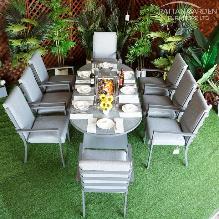 Highbury 8 Seat Aluminium Oval Ceramic Glass Top Table Fire Pit Dining Set