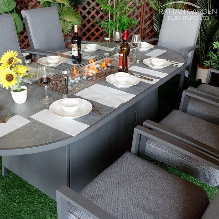 Highbury 8 Seat Aluminium Oval Ceramic Glass Top Table Fire Pit Dining Set