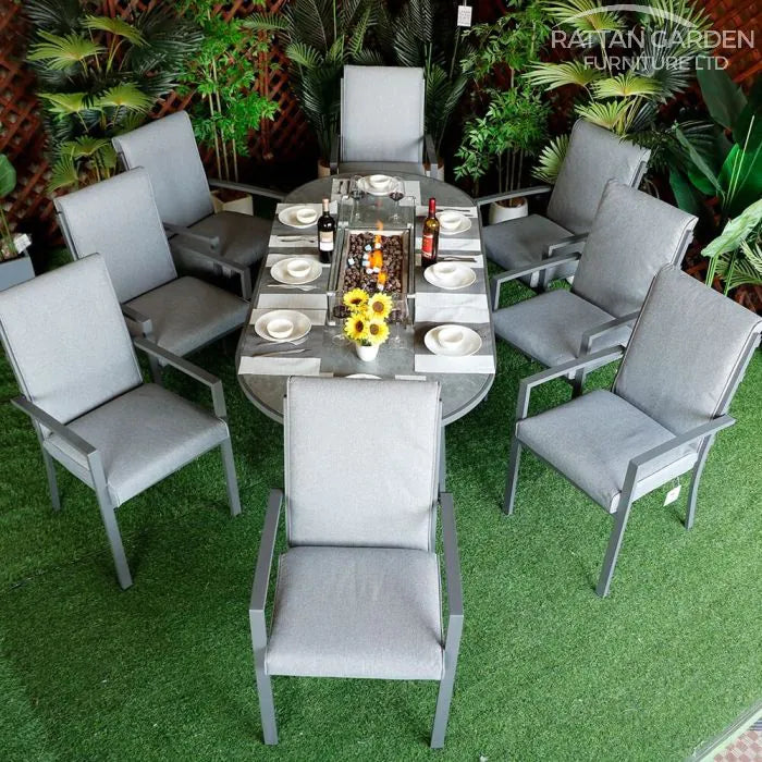 Highbury 8 Seat Aluminium Oval Ceramic Glass Top Table Fire Pit Dining Set