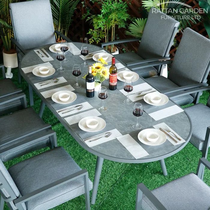 Highbury 8 Seat Aluminium Ceramic Glass Top Oval Dining Set