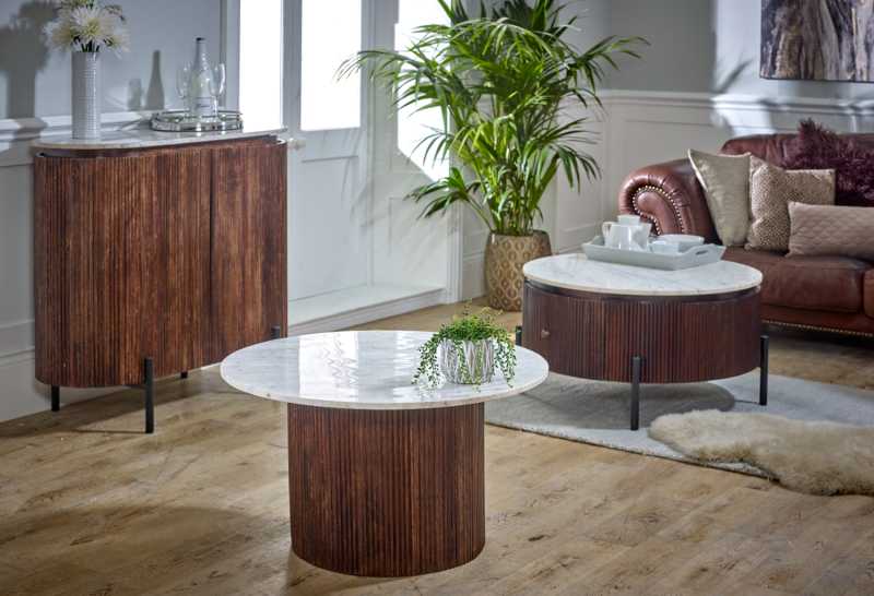 Opal Mango Wood Round Fluted Coffee Table With Marble Top & Metal Legs