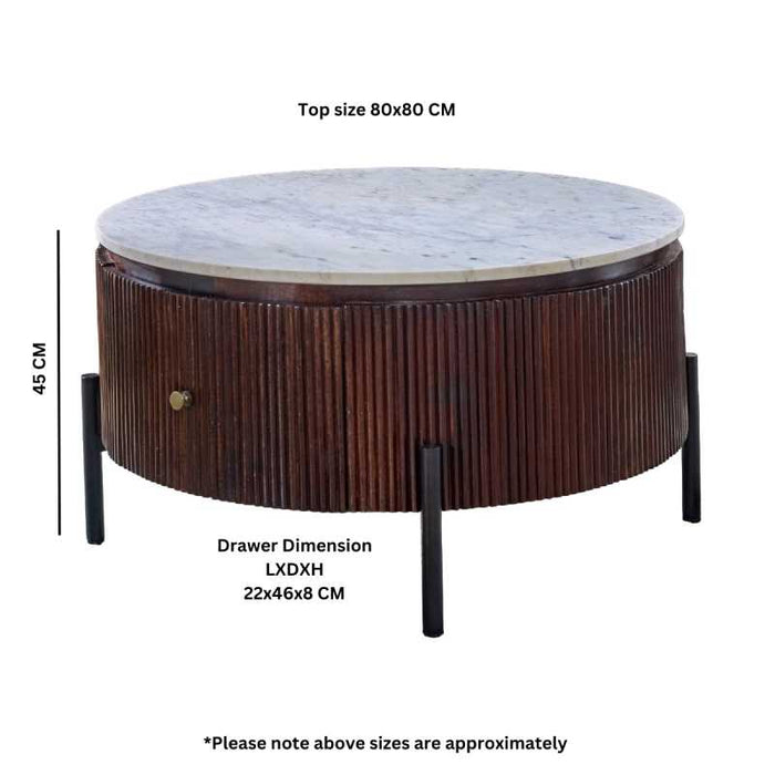 Opal Mango Wood Round Fluted Coffee Table With Marble Top & Metal Legs