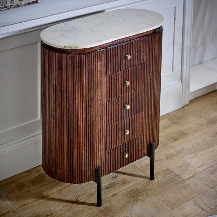 Opal Mango Wood Wide Chest Of Drawers with Marble Top & Metal Legs